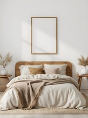 modern minimalist bedroom, geometric art frame mockup, natural wooden furniture, cozy beige bedding, neutral decor in warm daylight, contemporary interiors
