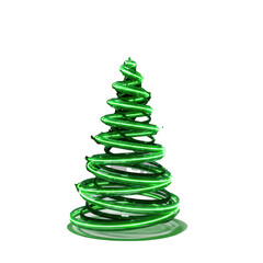 Abstract emerald-green Christmas tree, glowing spiraling rings, luminous star. Split black/white background, modern festive holiday illumination concept