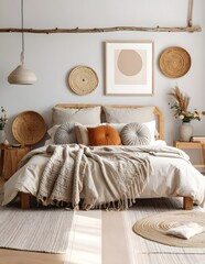 modern minimalist bedroom, geometric art frame mockup, natural wooden furniture, cozy beige bedding, neutral decor in warm daylight, contemporary interiors