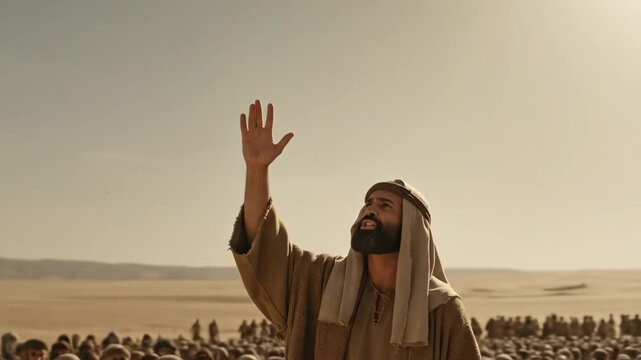 Man preaching to a large crowd in the desert under a clear sky. Biblical prophecy and spiritual teaching in ancient times.