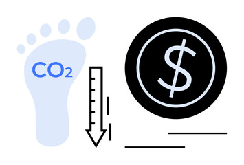 Blue footprint with CO2, black dollar coin, and downward arrow demonstrate eco-friendly cost savings. Ideal for sustainability, efficiency, climate change, low-carbon economy, eco-conscious business