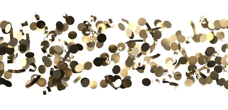 Elegant gold confetti on white background for celebrations, parties, events. Perfect for banners, invitations, and holiday designs. Add a touch
