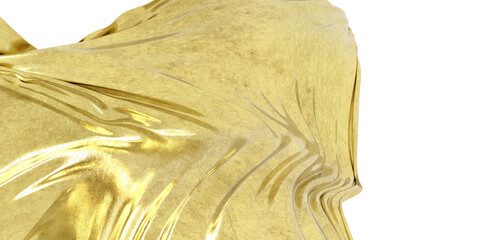 Close-up view of a gold fabric draped in graceful folds, with a glossy, reflective surface, creating captivating light and shadow effects.