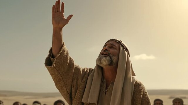 Elderly man preacher passionately speaking about repentance to a crowd in the desert. Ancient biblical times, prophetic message.