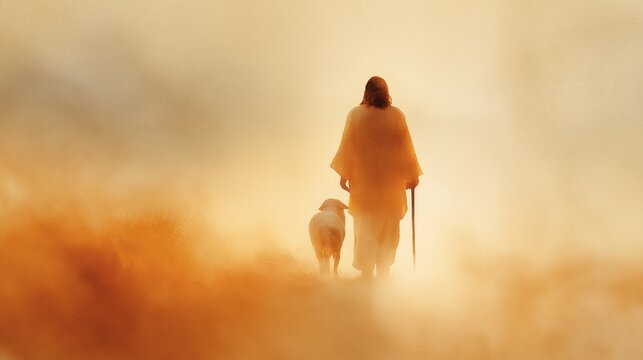 Watercolor painting of Jesus the Good Shepherd walking with the lost lamb on a dusty sunset path of faith