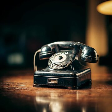 Classic rotary dial telephone on a wooden table in moody vintage lighting, a timeless communication icon