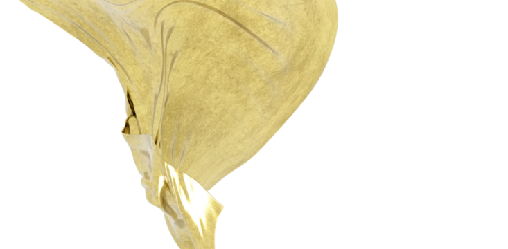 Abstract image of golden fabric, elegantly draped and flowing against a white backdrop. Perfect for luxury and design concepts, evokes feelings