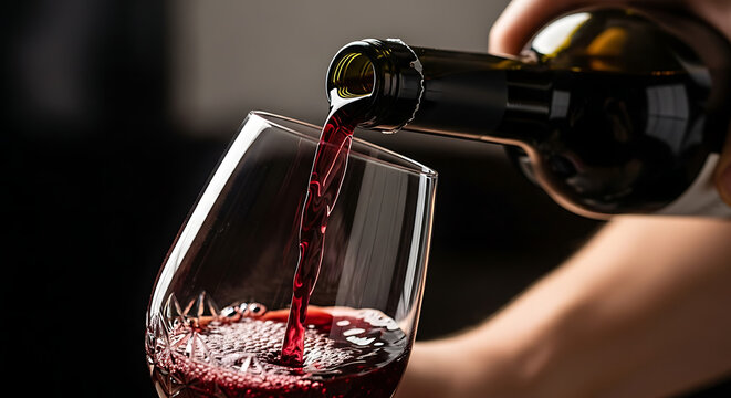 Ultra realistic person pouring wine into crystal glass close up shot with reflections dark elegant background cinematic lighting highlighting deep red tones