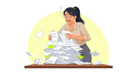 A stressed Asian businesswoman is overwhelmed by paperwork, experiencing burnout and frustration while working at her office desk, feeling the pressure of deadlines.