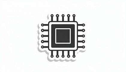 Black computer chip icon with connector pins, sticker-like effect on white