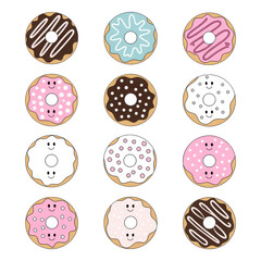 Fototapeta premium Collection of cartoon donuts with glaze and toppings isolated on transparent background