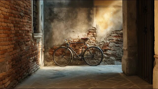 Old bicycle leaning against a weathered brick wall in golden sunlight, evoking timeless charm and street nostalgia
