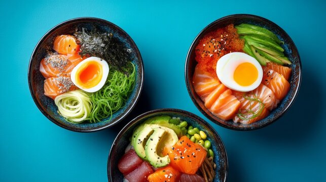 Three colorful poke bowls showcase a variety of fresh ingredients and toppings. Brightly colored salmon, avocado, and egg sit beautifully arranged on a blue backdrop, inviting a tasty experience