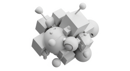 Abstract 3d composition of white geometric shapes and organic blobs in a chaotic arrangement isolated on transparent background