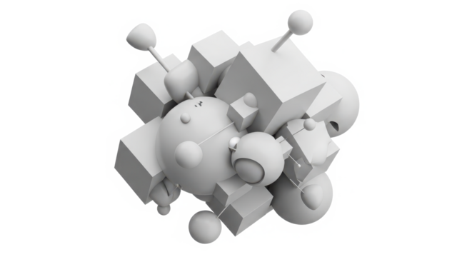 Abstract 3d composition of white geometric shapes and organic blobs in a chaotic arrangement isolated on transparent background - Powered by Adobe