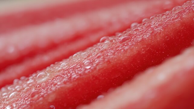 Physical phenomenon of watermelon surface ripples educational close-up, water droplets and rind texture in side light