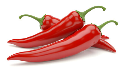 3D CGI red chili peppers with polished reflective skin and subtle curvature imperfections, isolated white.