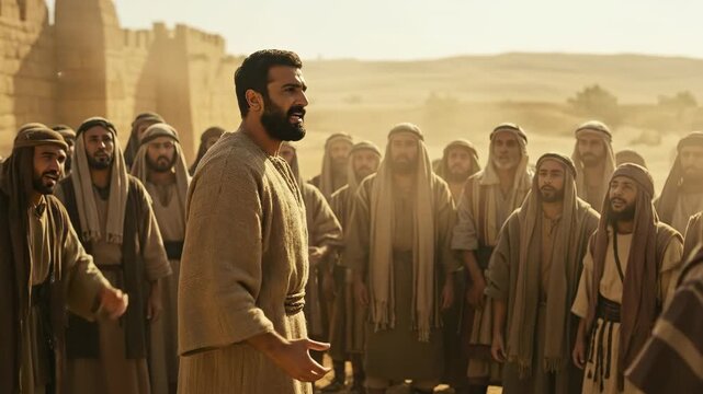 A man preaching with impassioned gestures to a crowd in ancient biblical times, delivering an apostolic message in the Judean desert.
