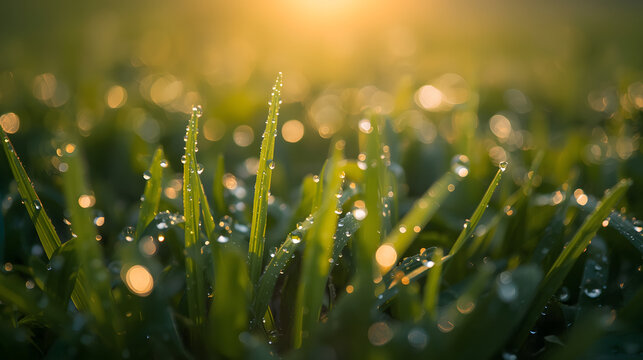 Close up of fresh green grass with water droplets glistening in morning light showcasing nature's beauty dew covered plants and lush growth spring vitality macro photography