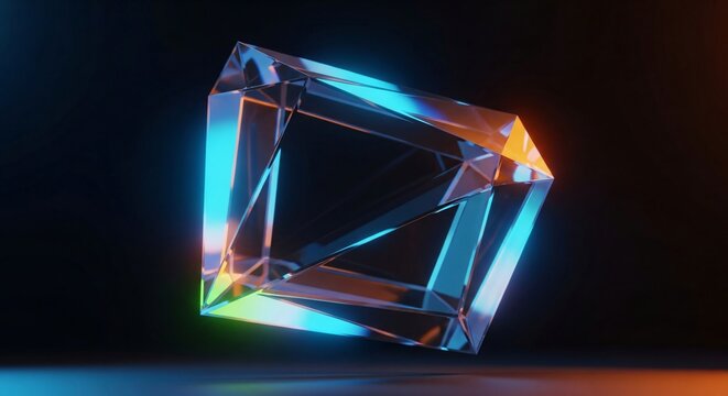 Abstract geometric crystal with colorful light reflections on dark background
