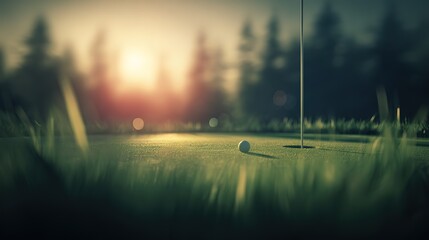 Luxury golf resort 18th hole landscape, perfectly manicured grass glowing in morning light with dew-kissed blades