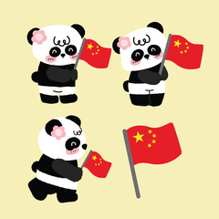  cartoon panda holding the national flag of China. Cute hand-drawn panda illustration in kawaii style, perfect for Chinese culture themes, national day designs