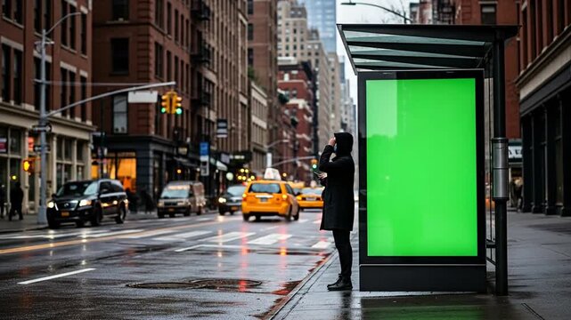 Modern digital OOH advertising at New York City bus stop with green screen