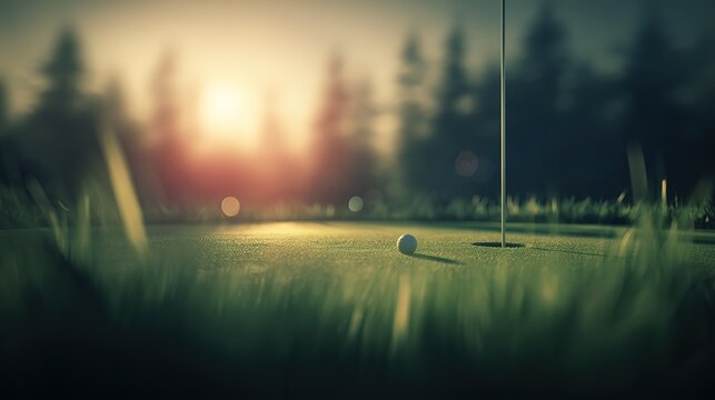 Luxury golf resort 18th hole landscape, perfectly manicured grass glowing in morning light with dew-kissed blades