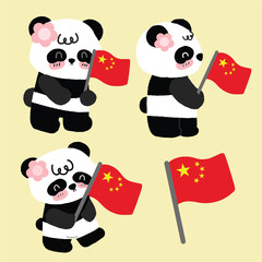  cartoon panda holding the national flag of China. Cute hand-drawn panda illustration in kawaii style, perfect for Chinese culture themes, national day designs
