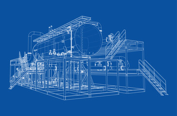 Industrial Machinery Blueprint on Blue. Vector