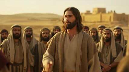 Caucasian man preaching to a crowd in ancient biblical times, delivering an apostolic sermon in the Judean desert.