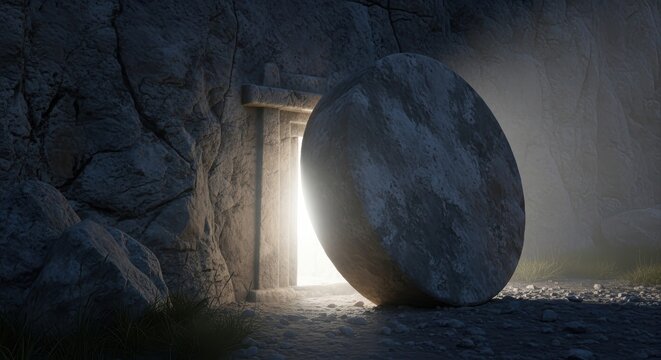 stone is rolled away from empty tomb with bright light shining from within. resurrection of jesus christ. easter celebration. banner, website header, greeting card.