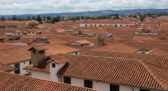 Terracotta rooftop view over historical townscape with hills in the distance