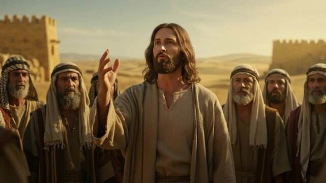 Caucasian man preaching to a crowd with gestures. Biblical sermon by preacher in ancient Judean desert landscape. Religious and spiritual concept.