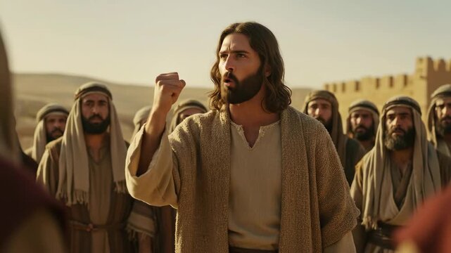 Male prophet preaching passionately to followers in ancient desert setting, with raised hand gestures and a determined expression