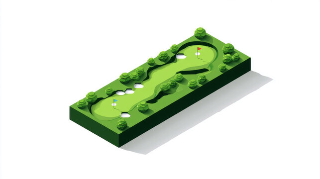 Geometric Course Layout, A minimalist abstract graphic of an 18-hole golf course, simple geometric shapes. Green rectangles for fairways, Isolated on a white background. Modern design mockup