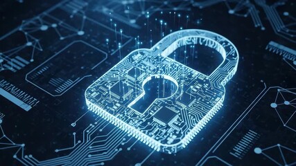 Digital padlock icon made of circuit board traces and glowing blue lights, symbolizing cybersecurity - Powered by Adobe