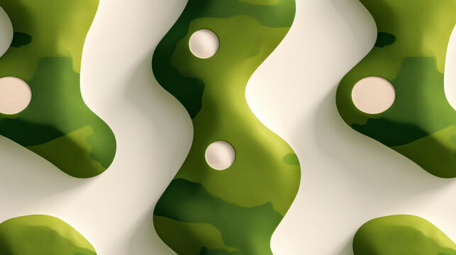 Geometric Course Layout background, A minimalist abstract graphic of an 18-hole golf course layout using simple geometric shapes. Green rectangles for fairways, Isolated on a solid white background. 