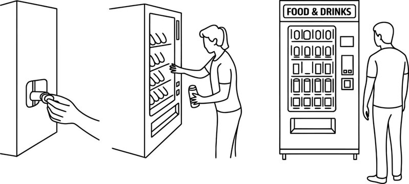 Vending machine purchasing process illustration with various steps including coin insertion, product retrieval, and full machine view, depicting automation and convenience.