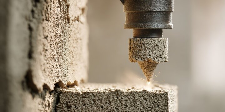 Advanced construction equipment performing precise brick cutting during a project in a well-lit workshop