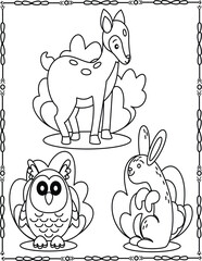 Cute Forest Animals Line Art. Deer, Owl, and Rabbit Coloring Page for Kids.