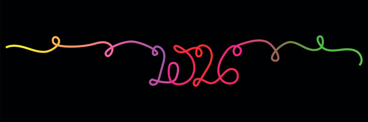 Vibrant 2026 New Year Celebration Design with Swirling Lines and Gradient Colors on a Black Background