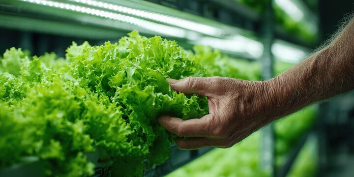 Fresh green lettuce harvested by hand in a modern indoor farm setting