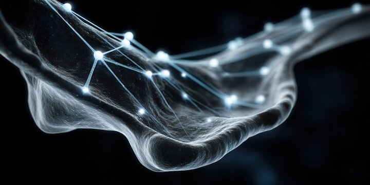 Digital network connections forming a web-like structure in a dark background during a technology abstract visual concept