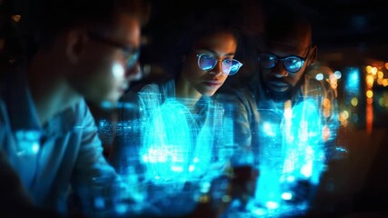 A focused team collaborates on analyzing dynamic data visualizations, emphasizing innovation and cutting-edge technology during a late-night project, illuminated by digital interfaces and bright - Powered by Adobe