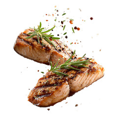 Grilled Salmon Fillets with Fresh Rosemary and Peppercorns Isolated on White Background, Healthy Seafood, Flying Food Composition