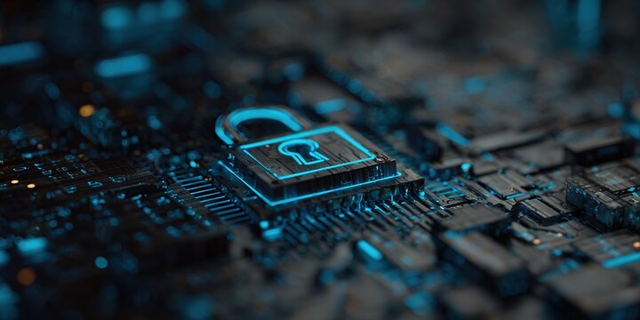 Digital security lock on a circuit board highlighting cybersecurity technology and data protection advances - Powered by Adobe