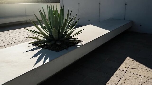 Modern concrete planter with agave plant outdoor architectural landscape design bright sunlight shadows