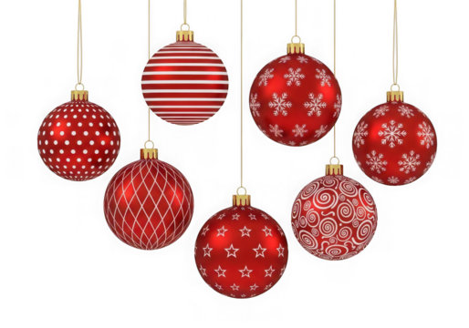 Collection of red christmas ornaments isolated on transparent background