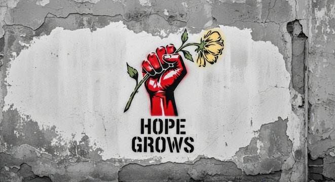 Graffiti art of red fist holding yellow flower symbolizing hope on weathered wall